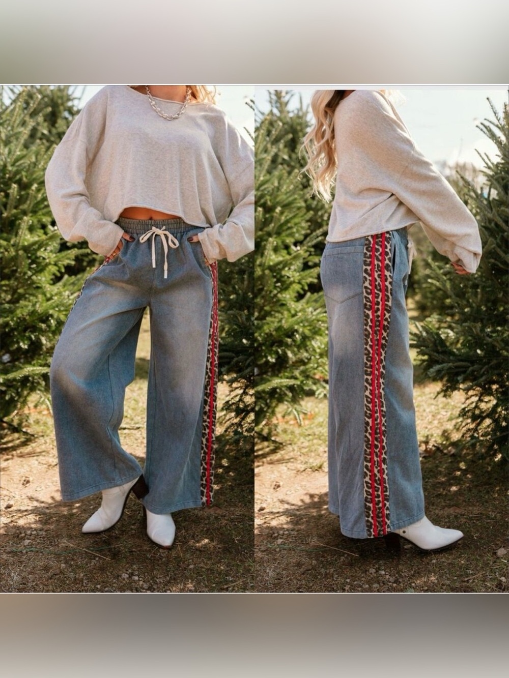 JODIFL Sideview Wide Leg Leopard Stripe Drawstring Jeans